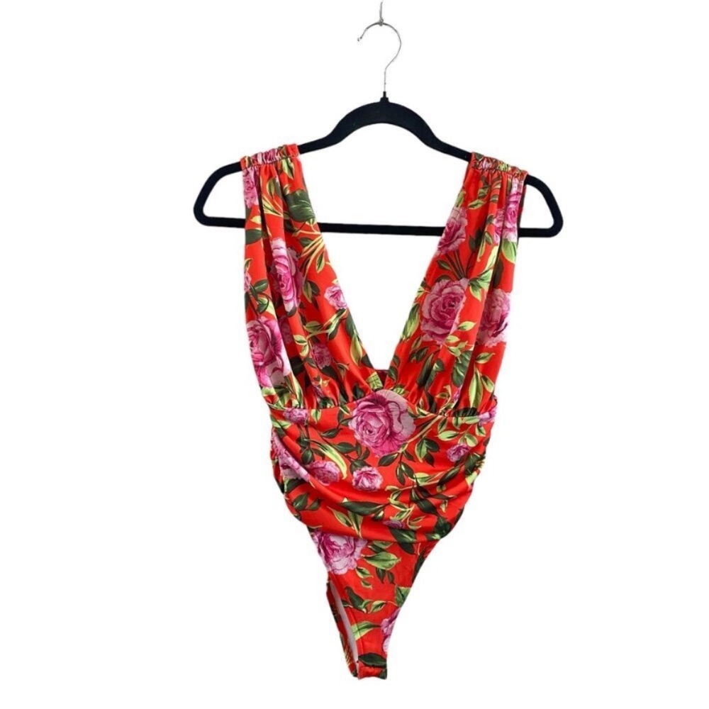 Zara Floral Draped V Neck Plunge Bodysuit Blogger Favorite - Picture 2 of 11